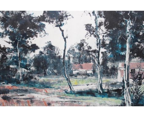 Hellmut Weissenborn, artist signed coloured etching, cottages in a landscape, 29 x 40cm, framed