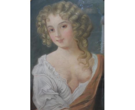 19th Century pastel drawing, portrait of a seated semi nude girl before a landscape, 70 x 55cm, in an oval gilt moulded compo