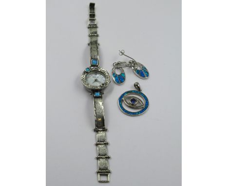Shablool ladies silver and simulated opal dress watch, together with a similar silver pendant and a pair of silver drop earri