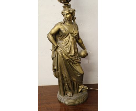 Gold patinated spelter figural table lamp, 62cm highHas a later gold paint finish. No other damage or restoration to the figu