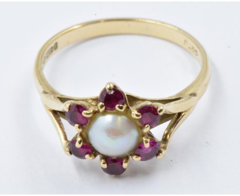 9ct Yellow gold split pearl and ruby cluster ring, size O, 2.6g