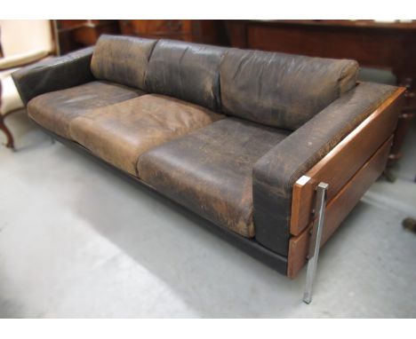 Robin Day for Hille circa 1970, exotic hardwood and chrome, leather upholstered three seat Forum sofa, 215cm wide x 77cm deep