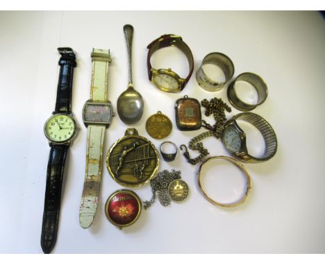 Silver vesta case, miscellaneous other small items of silver, modern wristwatches and sundries, together with a silver ring