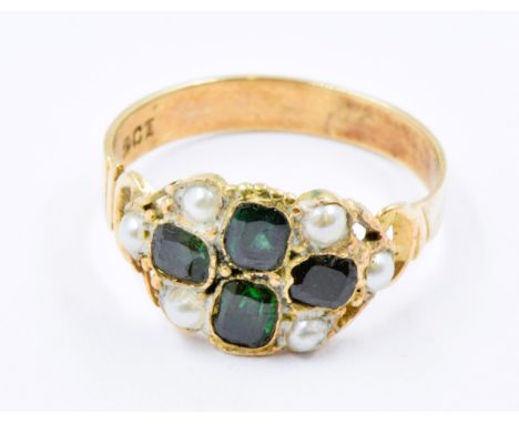 9ct Gold ring set four green tormalines (at fault), and six split pearls, size M, 2g