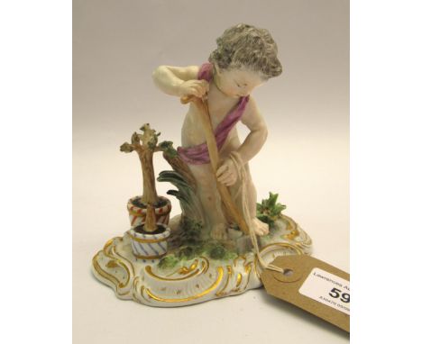 Continental porcelain figure of a cherub gardener (restored), 12cm high, together with a Chinese enamel decorated tea pot wit