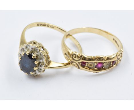 9ct Gold dress ring set blue and white stones, together with a 9ct gold red stone dress ring, both size K, 3.5g