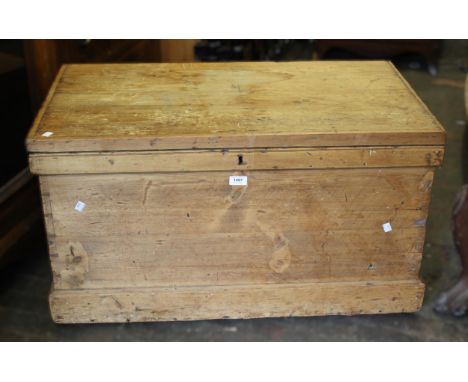19th Century stripped pine trunk with hinged cover, 90cm wide x 52cm deep x 49cm high