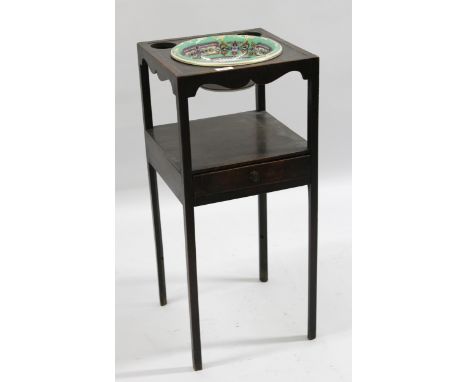 19th Century square mahogany two tier wash stand, inset with a pottery wash basin