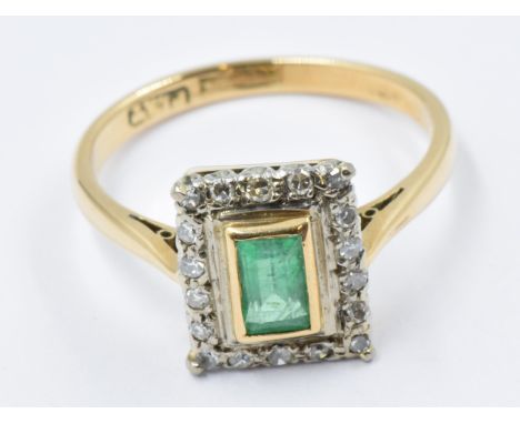 18ct Yellow gold and platinum ring set rectangular emerald bordered by old cut diamonds, size L, 3gOne replacement diamond. S