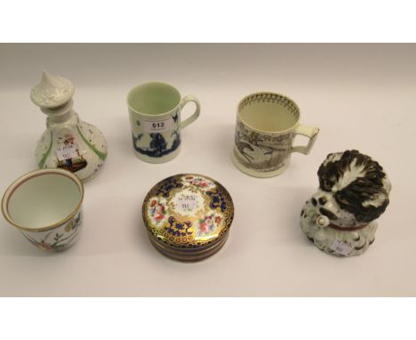 18th Century English cup decorated in blue with Chinese figures, together with a pottery horse racing transfer printed cup, C