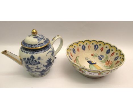 Quimper pottery bowl, 21cm diameter, together with an English blue and white teapot (at fault)Has damages as shown in photos