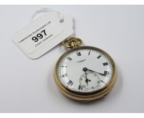 9ct Gold cased open face pocket watch, the enamel dial with Roman numerals and subsidiary seconds, signed J.W. Benson, London