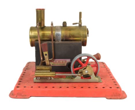 Mamod - a vintage 1970s Mamod made Stationary Steam Engine No. SE2.  Horizontal copper and brass boiler powering an oscillati