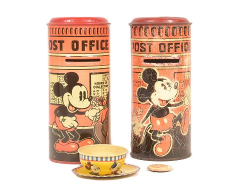 Mickey Mouse - x2 vintage 1930's Happynak series tin plate Mickey Mouse postbox money boxes together with a Happynak tinplate