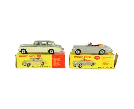 Diecast - x2 original vintage Dinky Toys boxed diecast model cars comprising; 194 Bentley Coupe and 198 Rolls Royce Phantom V