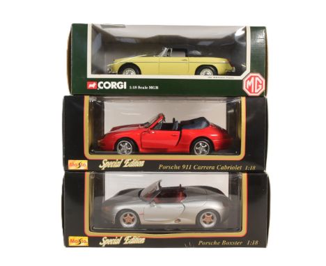 Diecast - x3 boxed 1/18 scale diecast model cars comprising; Maisto Porsche Boxster, Maisto Porsche 911 Carrera Cabriolet and