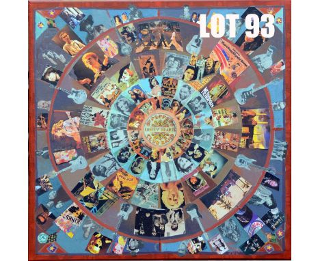 Untitled (50x50cm) Collage on canvas by Robert Cousins – Bob’s art includes hospital murals, cartoons & 3D sculpture.  His in