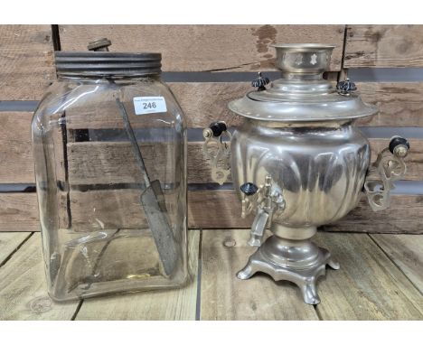 A Silver plated Samovar along with vintage glass butter churn 
