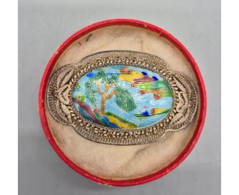 Vintage Chinese silver and enamel brooch with a silk Chinese box. [4x6.5cm] 