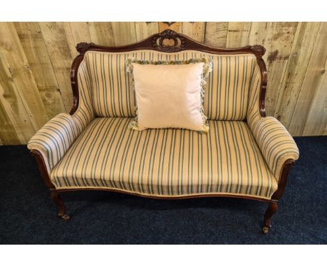 Late 19th century two seat parlour sofa, Mahogany frame, silk bamask material upholstery, raised on shaped cabriole legs and 