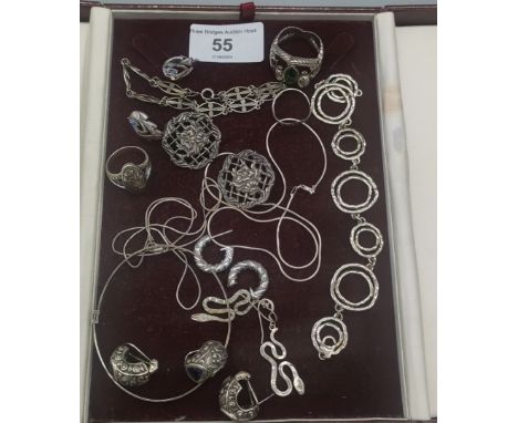 Selection of silver jewellery; Silver 925 double snake head ring, Two Birmingham silver buttons, Heavy silver ring, Silver br