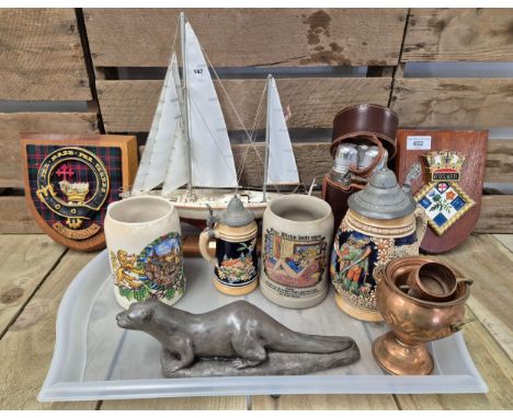 A tray of collectables; model ship, German tankards, flask set in fitted case &amp; Rosyth dock yard shield plaque also clan 