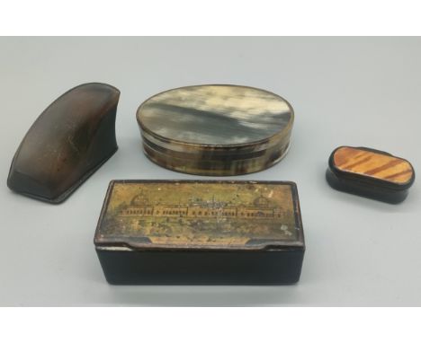 Four various antique 19th century snuff boxes; Oval horn made lidded snuff box, Horn hoof snuff box with lid, small and large
