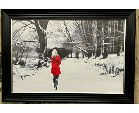 G. M. Burns Artists Proof 2/5 print on canvas. Signed to the reverse side. "Lady in red coat" Fitted within a black contempor