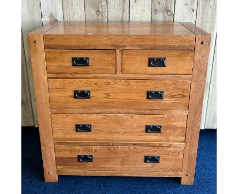 Contemporary solid light wood chest of drawers; two small drawers over three long drawers. [97x95x42cm] 