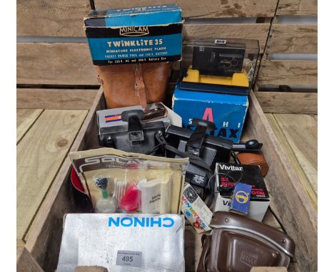 Tray of cameras &amp; accessories along with military leather case; chinon camera, Binora Bella 44,pentax asahi camera,kodak 