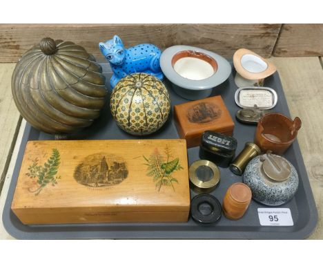 Tray of collectables; Curling stone ink well pot, Mauchline ware bucket match striker bucket, Leather cover travel vesta case