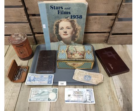 A Tray of collectables; antique tin post office bank, stars & films of 1938 book, Vintage biscuit tin & various collectable b
