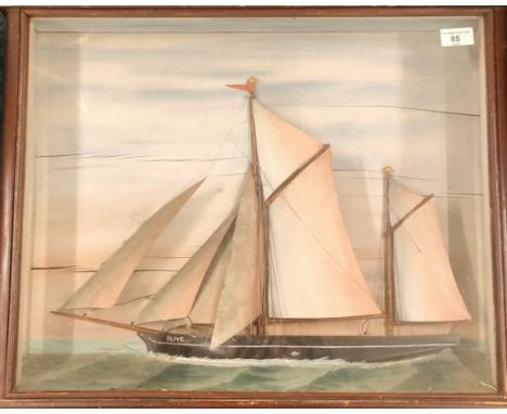 Antique framed nautical sailing boat model. Fitted within a glass and wood framing. [48x61x9.5cm] 