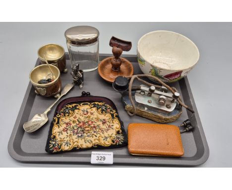 A tray of collectables; Pocket watch holder, pair of vintage salt dishes &amp; morse code key 