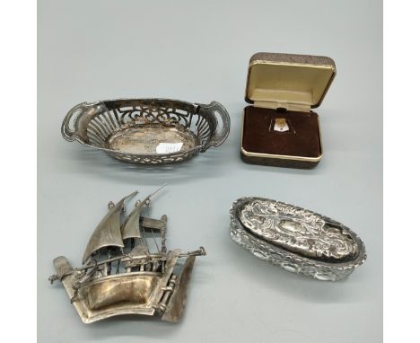 10ct gold and ruby pin, Birmingham silver pierced dish- as found, 925 silver Dutch boat model and Birmingham silver lid and c