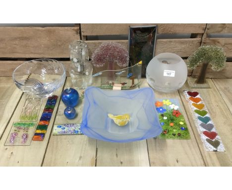 A collection of art glass plaques &amp; tree sculptures along with Caithness bowl, Glasform apples &amp; crystal etched stag 
