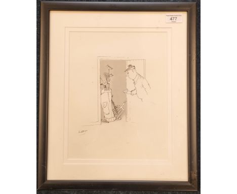 E.G. Lafferty Original golfer cartoon pen sketch. Signed.[Frame- 43x36cm] 