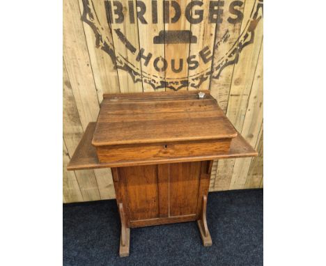 Antique oak school podium, lift top section with ink well slot. Back door revealing shelf area for books. [104x96x50cm]