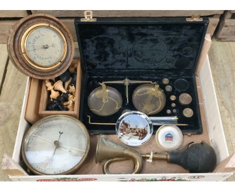Tray of collectables; Boxed scales with weights, Walker &amp; Hall Barometer, Brass cased barometer, Vintage chest set, Brass