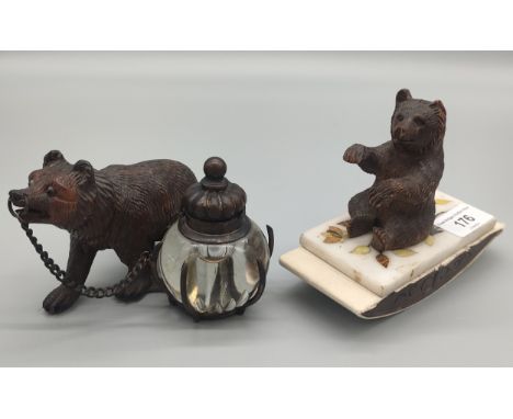 Antique black forest ink blotter with seated bear figure along with a black forest hand carved desk Inkwell stand [15x11.5cm 