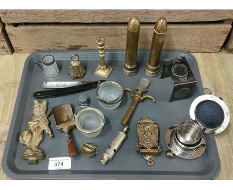 Tray of collectables; Two antique cut glass and white metal bucket vestas, Cat and the fiddle brass finial, The Metropolitan 