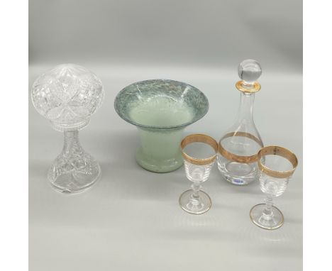 A selection of vintage glass ware; Crystal mushroom lamp base, Scottish glass vase &amp; gold etched decanter with two glasse