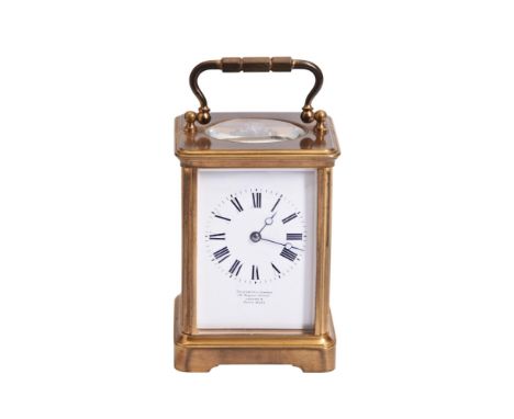 A STRIKING CARRIAGE CLOCK, by Margaine (no.13232), the white enamel dial signed Goldsmith's Company, Regent Street, London, l