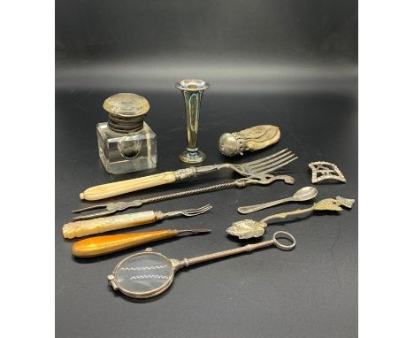 A Selection of curios to include cutlery, inkwell, purse etc.