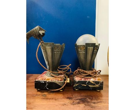 A pair of art deco glass, metal and marble lamps AF 