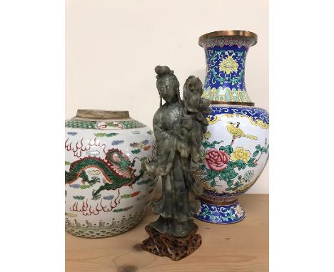 A 19th Century Chinese Vase, a Canton enamel vase, and a Jadeite figure of a god.