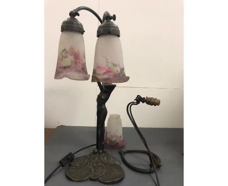 An Art Nouveau lamp with a central lamp stand in female form (contemporary) along with original Muller Freres glass shades an