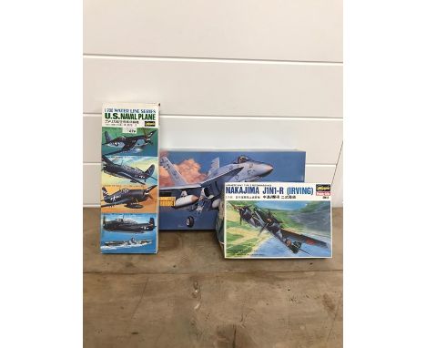 A selection of five Hasegawal to include Grumman F6F-3/5 Hellcat, McDonnell Douglas F/A-18A, Grumman X-29A, Nakajima J1N1-R a