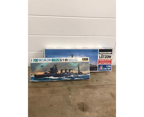 Two boxed model kits to include Italeri Panzerschiff Lutzow German battleship and Fujimi Isuzu Japan Light Cruise 