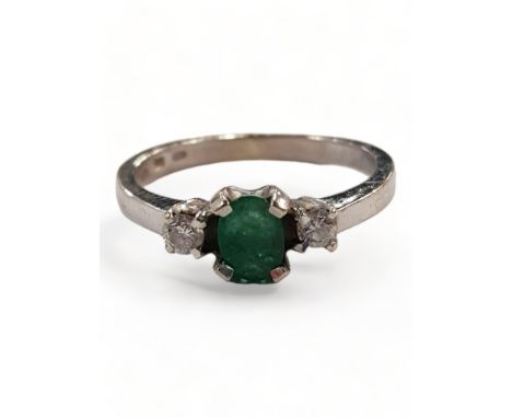 14 CARAT WHITE GOLD EMERALD &amp; DIAMOND RING